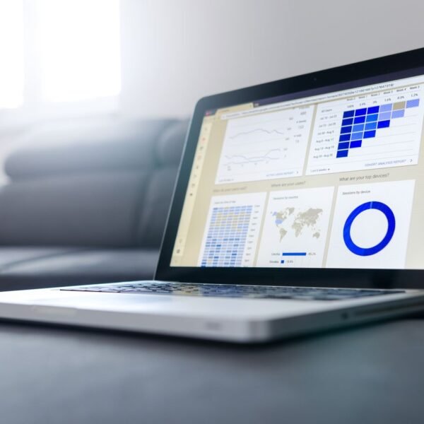Laptop screen showing a business performance dashboard with charts