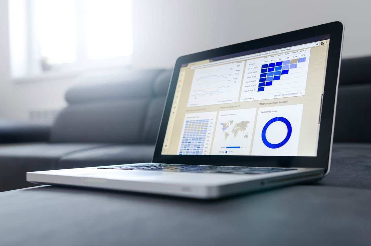 Laptop screen showing a business performance dashboard with charts